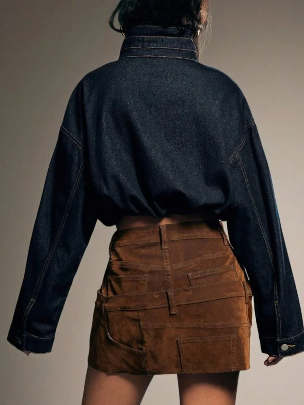 Dark Wash Casual Women's Cropped Denim Jacket with Elastic Waist & Zip Front